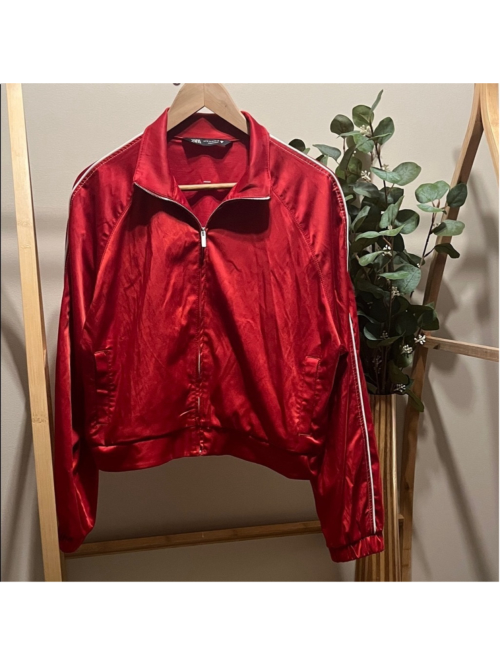 Zara Red Full Zip Long Sleeve Bomber Coat